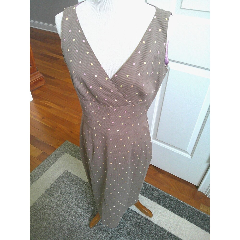 Kay Unger Empire Waist sleeveless Milk Chocolate Brown Dress Tiny Polka Dots S10